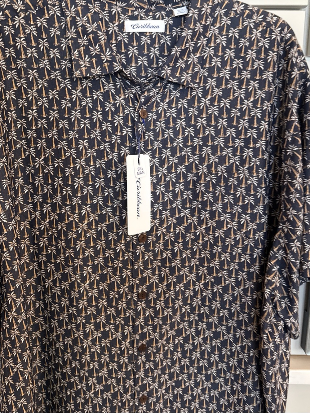 Caribbean Mens Shirt 4XB Navy Tan Palm Print Rayon Button Up Hawaiian Camp NWT